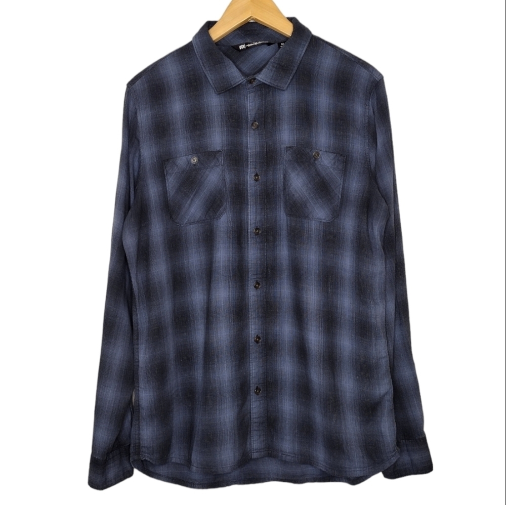 Travis Mathew Men's Blue and Black Plaid Button-Down Shirt